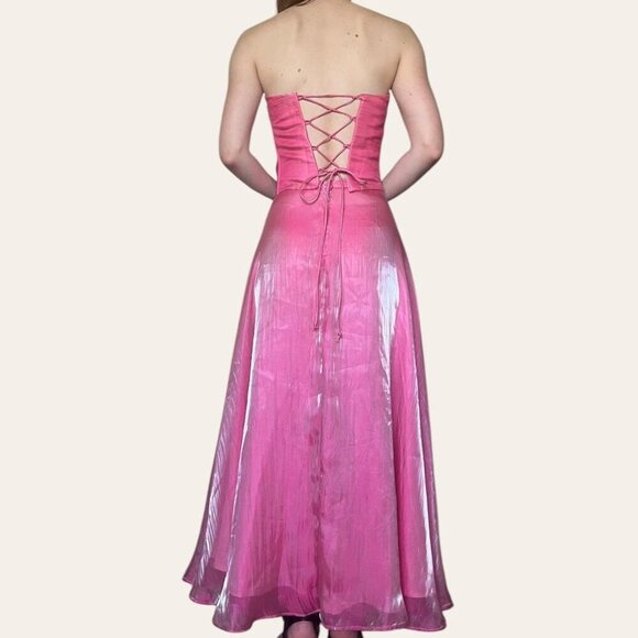 90s/y2k two piece vintage barbie pink shimmery chiffon prom dress - Fiesta XXS - Picture 2 of 8